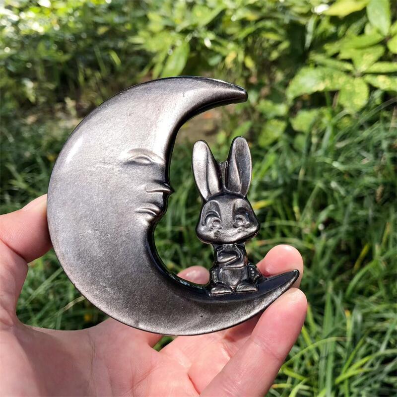 Art Craft Rabbit - Натуральный серебряный обсидиан кролика с резьбой
